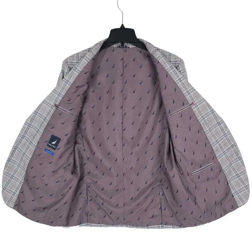 Nautica Mens Modern Fit Sport Coat Blazer 40R Grey Blue Plaid Stretch NWT